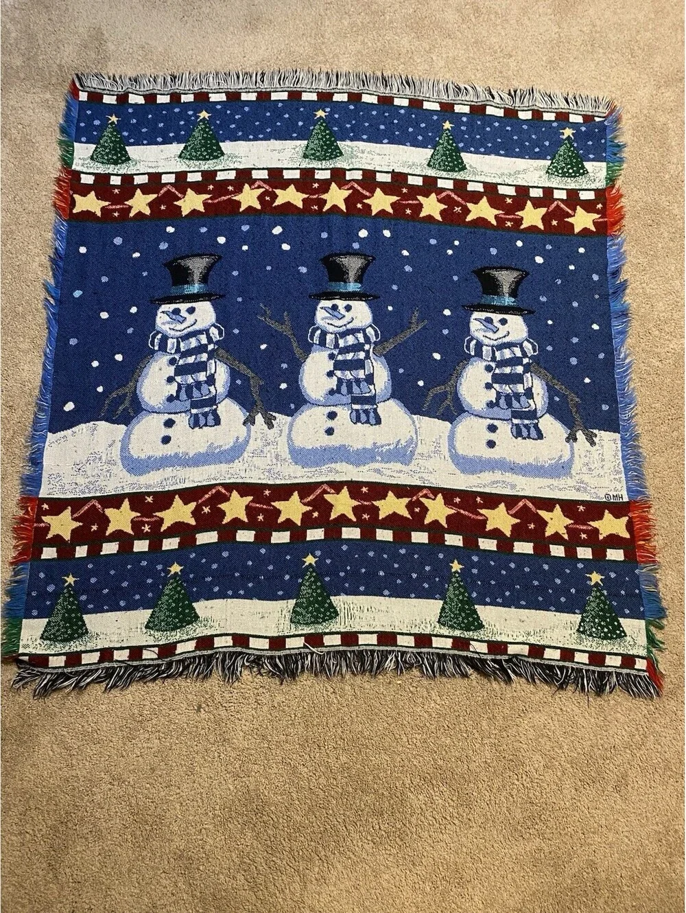 VTG Holiday Tapestry Throw Blanket - Snowmen Stars Christmas Trees - Mohawk Home